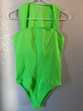 OQQ Neon Green Ribbed Bodysuit XL Square Neck Stretch One Piece Top